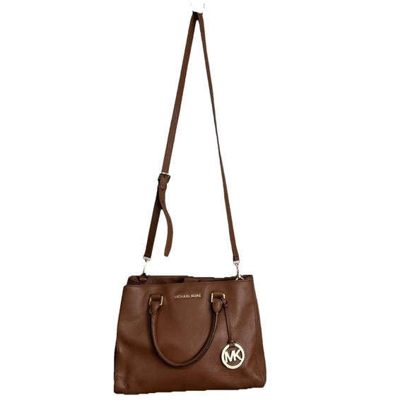Michael Kors Purse Tote Brown Leather Satchel Crossbody Handles 2 Way Zip Pocket - Picture 1 of 16